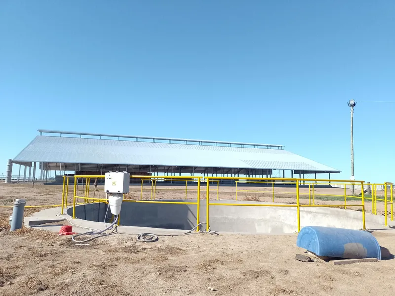 Corral de vivienda terminado, con cubierta metálica a dos aguas sobre estructura abierta y la pileta de efluentes de hormigón en primer plano