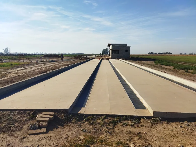 Calles de mixer y de crianza de hormigón llaneado recién terminadas, con los canales de efluentes centrales y el tanque al fondo