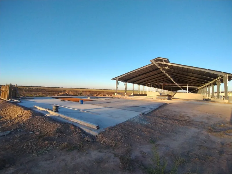 Corral de vivienda en obra al atardecer: losa de hormigón terminada en primer plano y estructura metálica con la cubierta ya montada